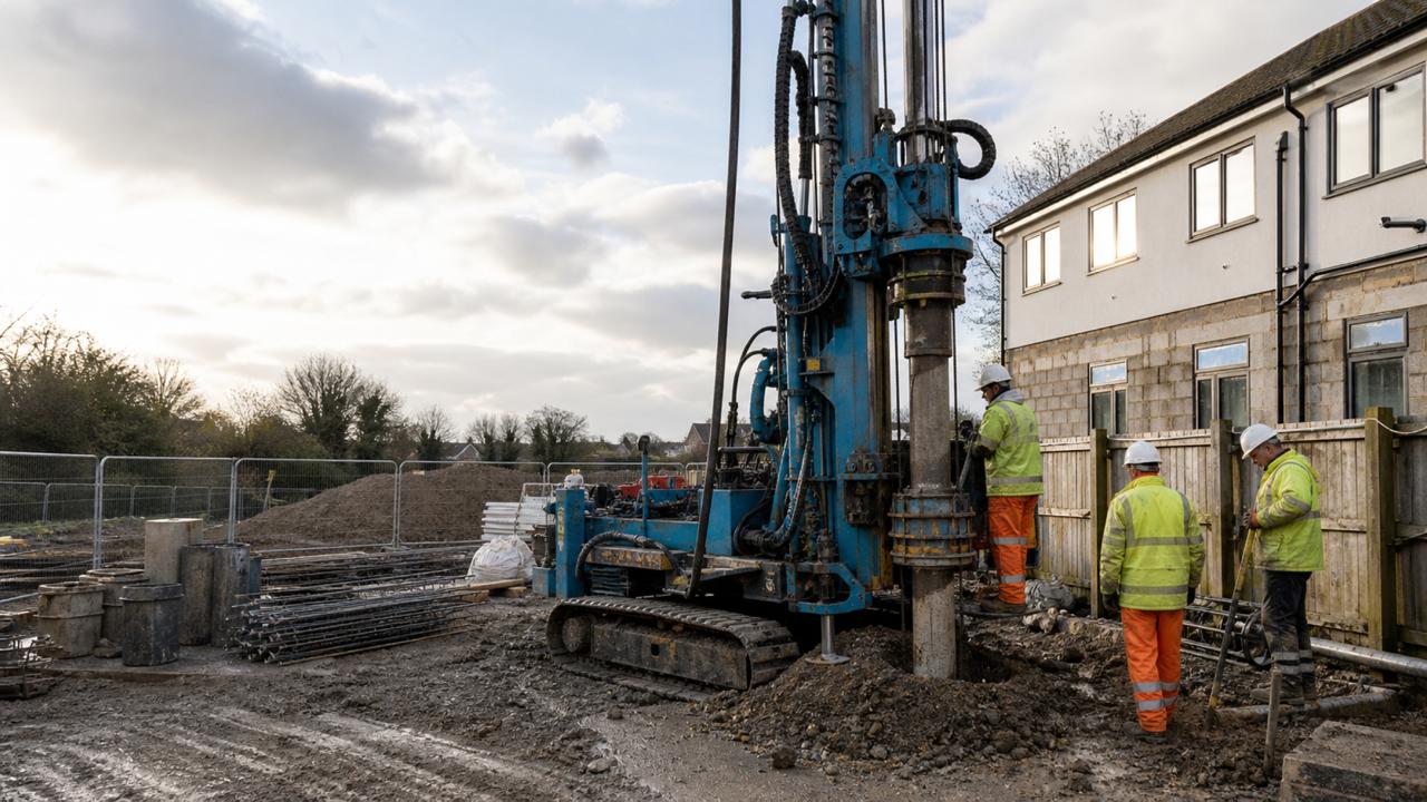 Prime Piling crew operating a piling rig on a live site — authorised project photography